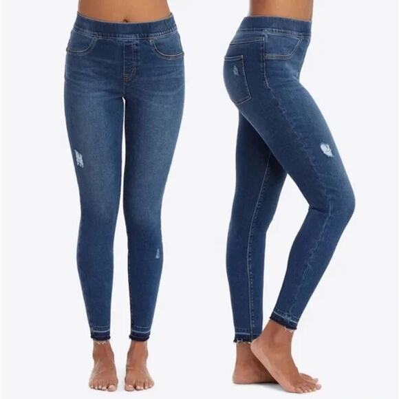 Spanx Distressed Raw Hem Skinny Jeans Sz L Medium Dark Wash Jeggings Shapewear - Picture 1 of 9